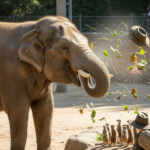 A big elephant keeps sneezing and blowing everything away in the zoo.