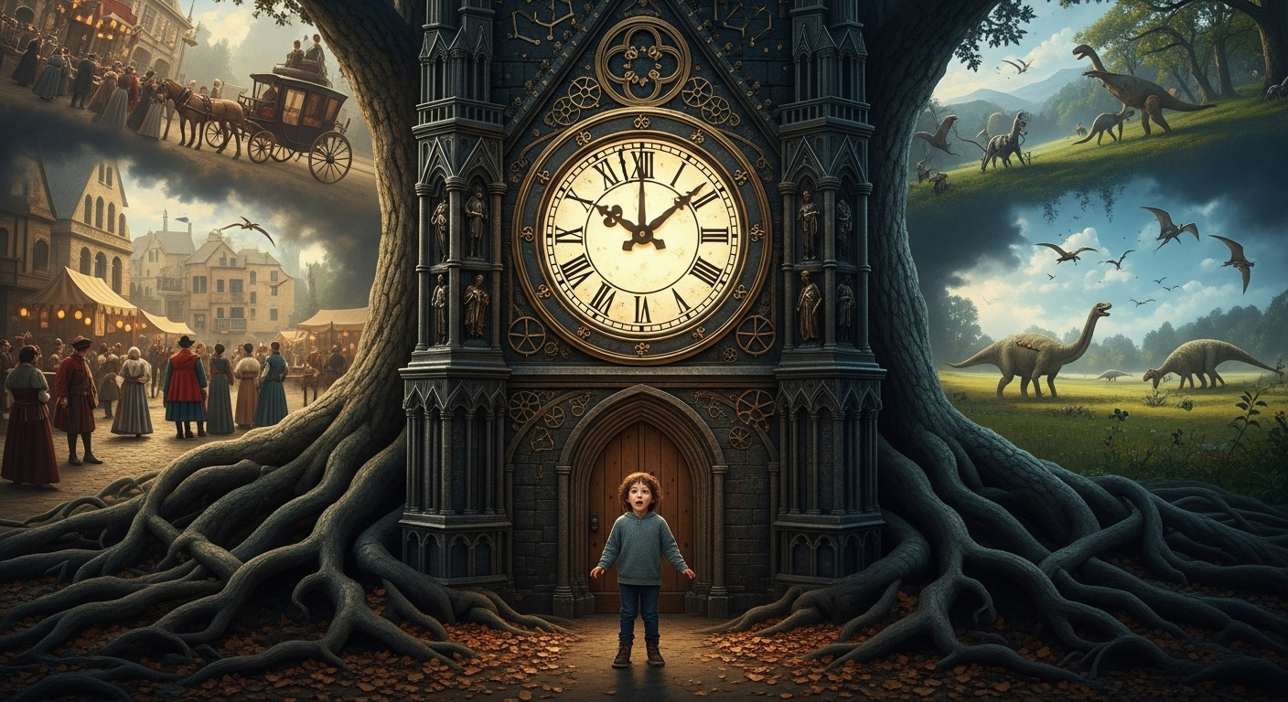 A kid finds an old clock tower that takes them to the past with each tick.