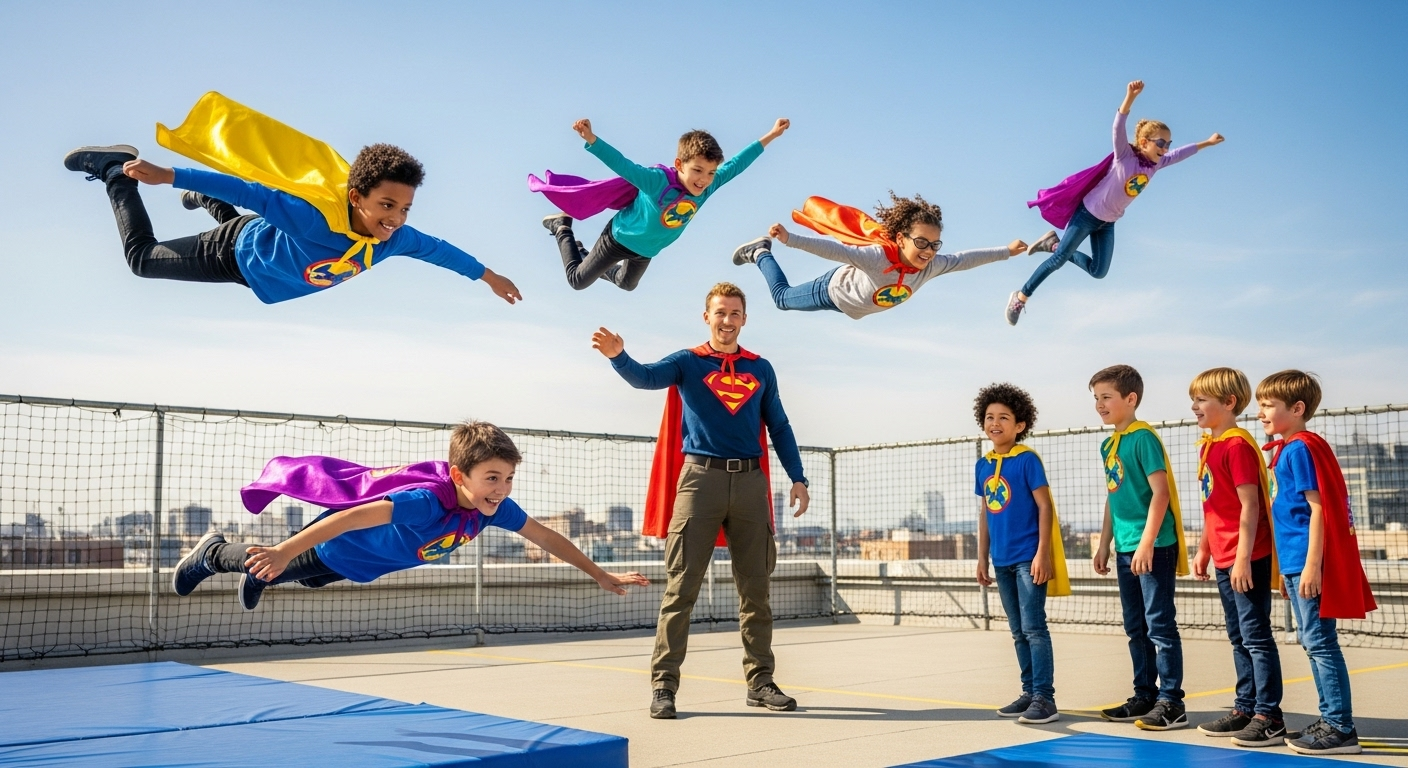 Kids in superhero school take flying lessons during recess.